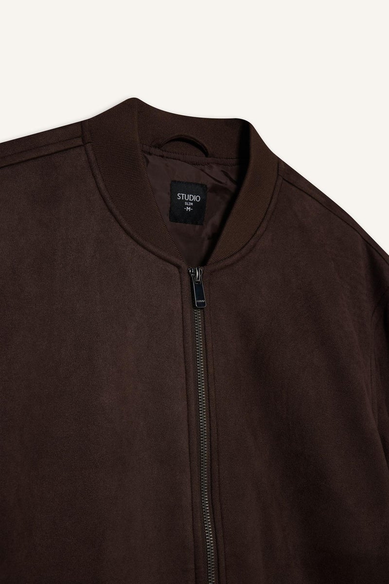 DeFacto Brown Man Slim Fit Lined Suede Lined Bomber Jacket Casual - Image 5